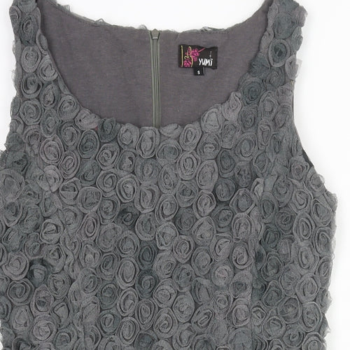 Yumi Womens Green Cotton Mini Size S Scoop Neck Pullover - Textured Rose Fabric