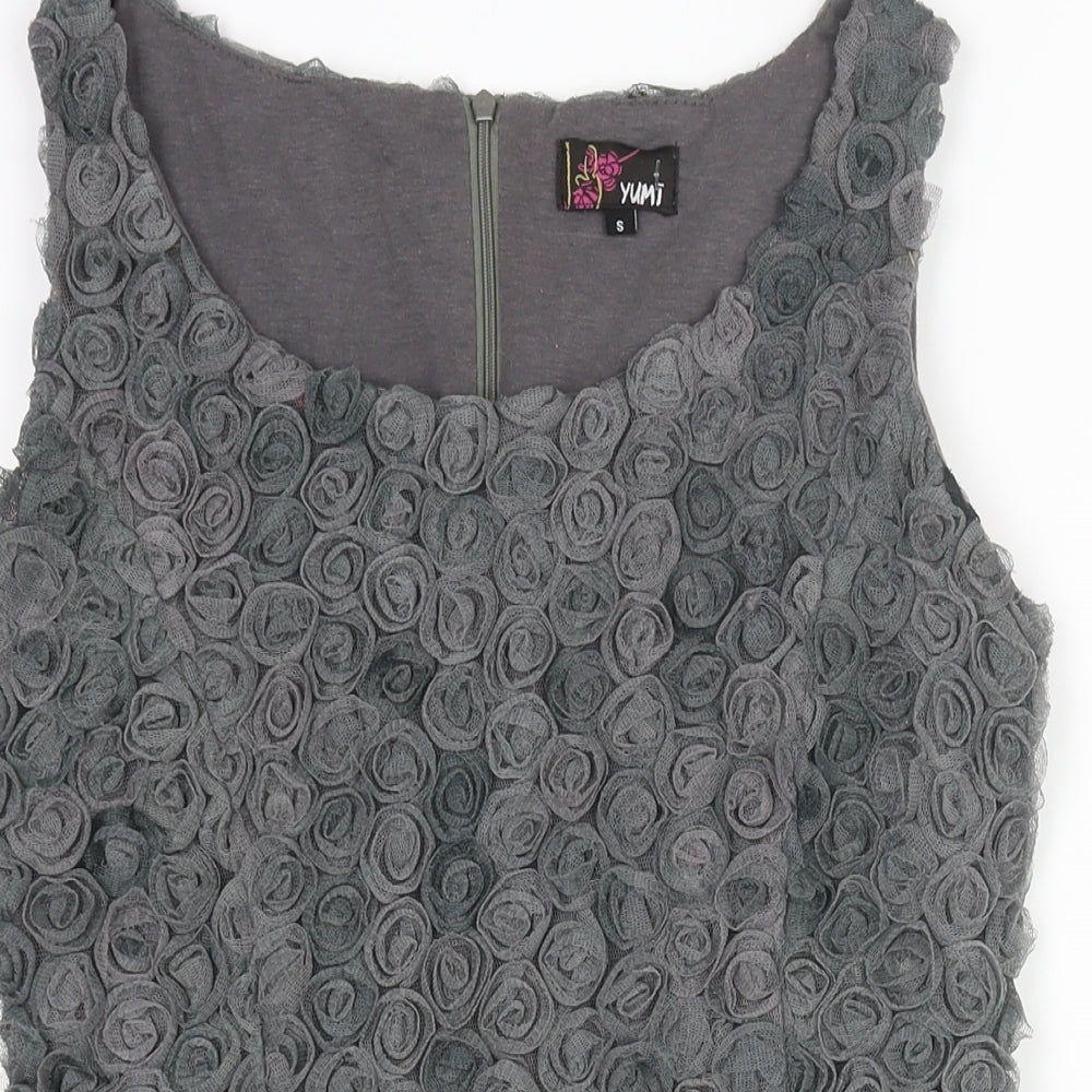 Yumi Womens Green Cotton Mini Size S Scoop Neck Pullover - Textured Rose Fabric