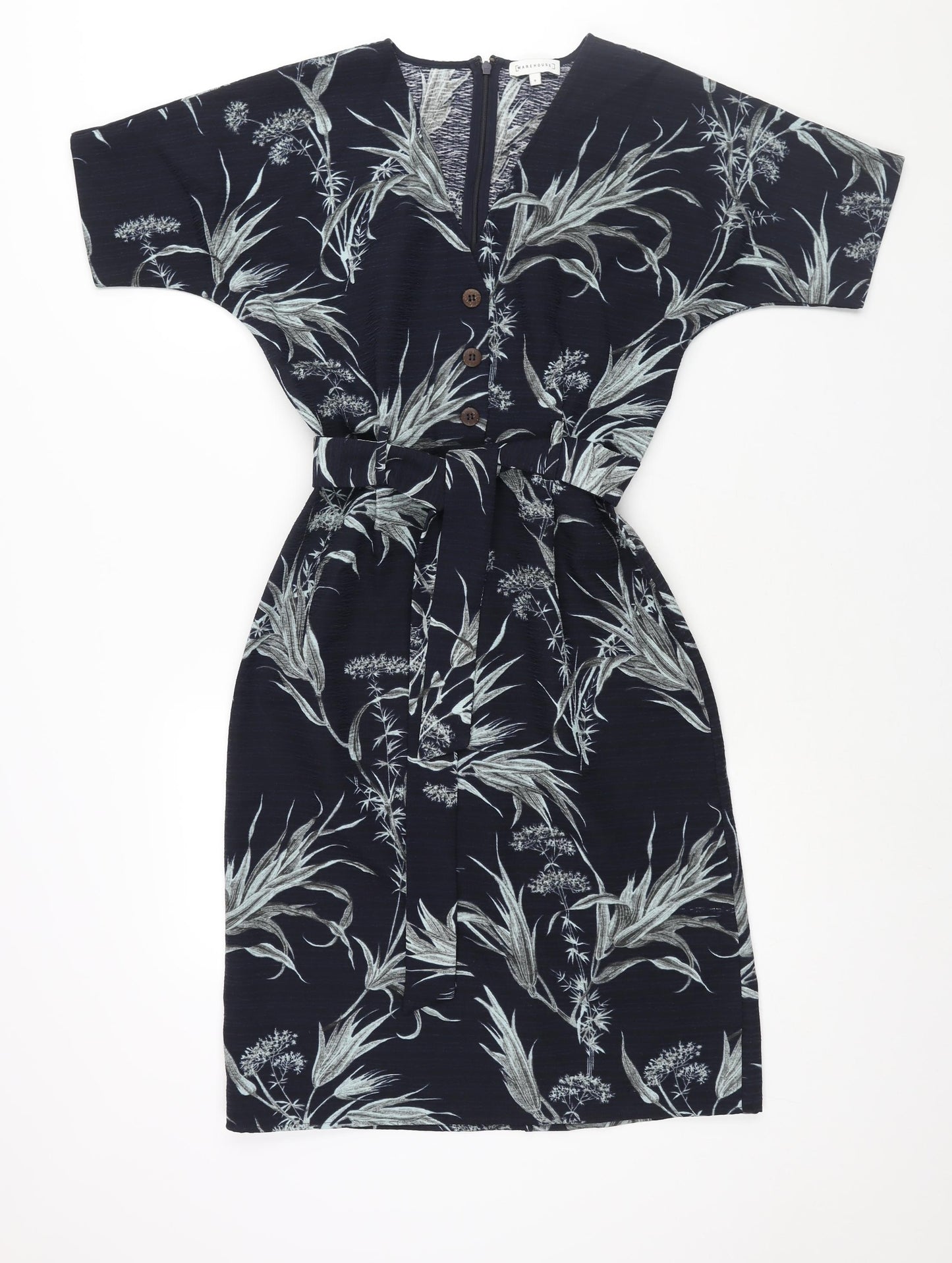 Warehouse Womens Blue Polyester Shift Size 8 V-Neck Zip - Belted Plant Print