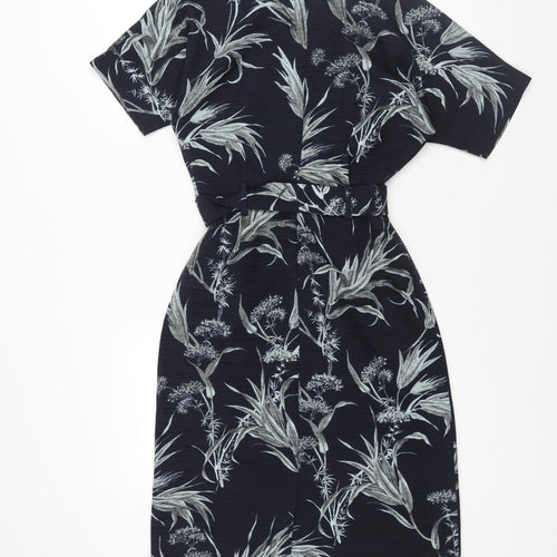 Warehouse Womens Blue Polyester Shift Size 8 V-Neck Zip - Belted Plant Print