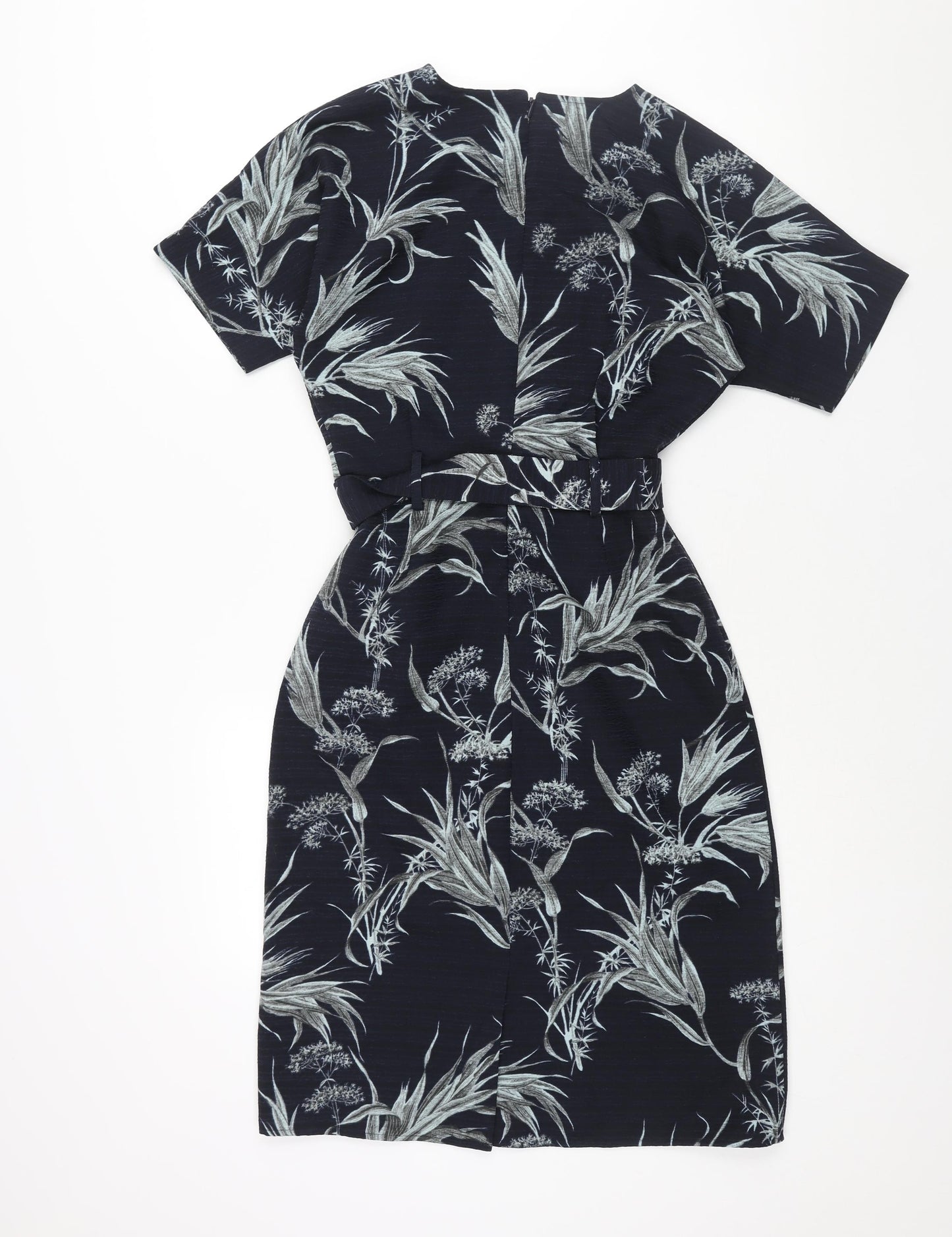 Warehouse Womens Blue Polyester Shift Size 8 V-Neck Zip - Belted Plant Print