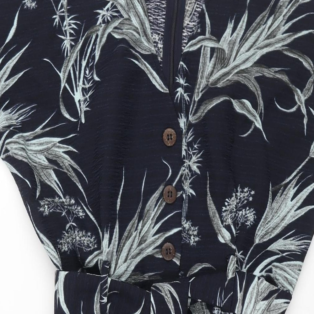 Warehouse Womens Blue Polyester Shift Size 8 V-Neck Zip - Belted Plant Print