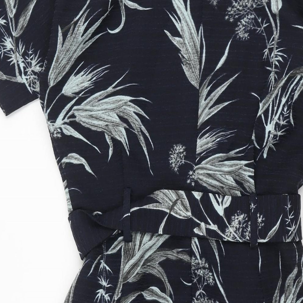 Warehouse Womens Blue Polyester Shift Size 8 V-Neck Zip - Belted Plant Print