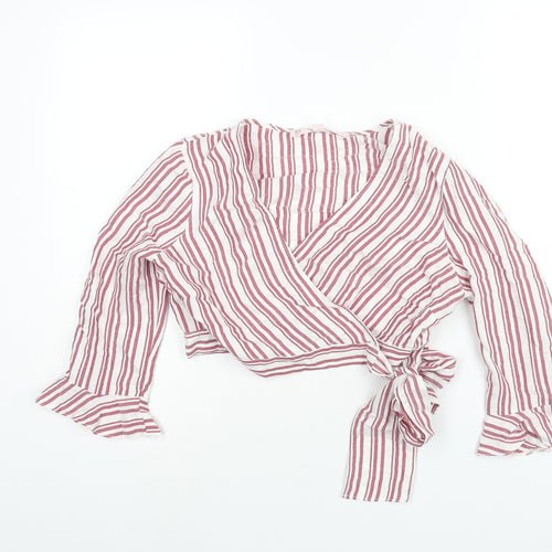 Miss Selfridge Womens Red Striped Viscose Wrap Blouse Size 10 V-Neck