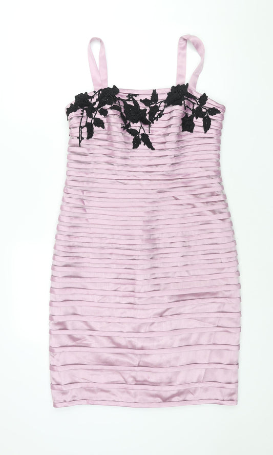 Veni Infantino Womens Pink Striped Acetate Shift Size 14 Square Neck Zip - Applique Flowers