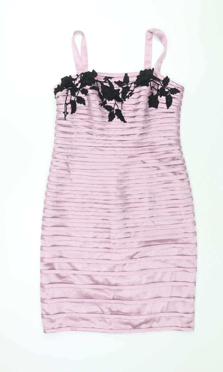 Veni Infantino Womens Pink Striped Acetate Shift Size 14 Square Neck Zip - Applique Flowers