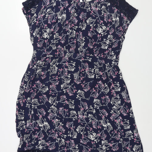 RJR.John Rocha Womens Blue Floral Viscose Shift Size 16 Round Neck Button - Lace Detail Belted