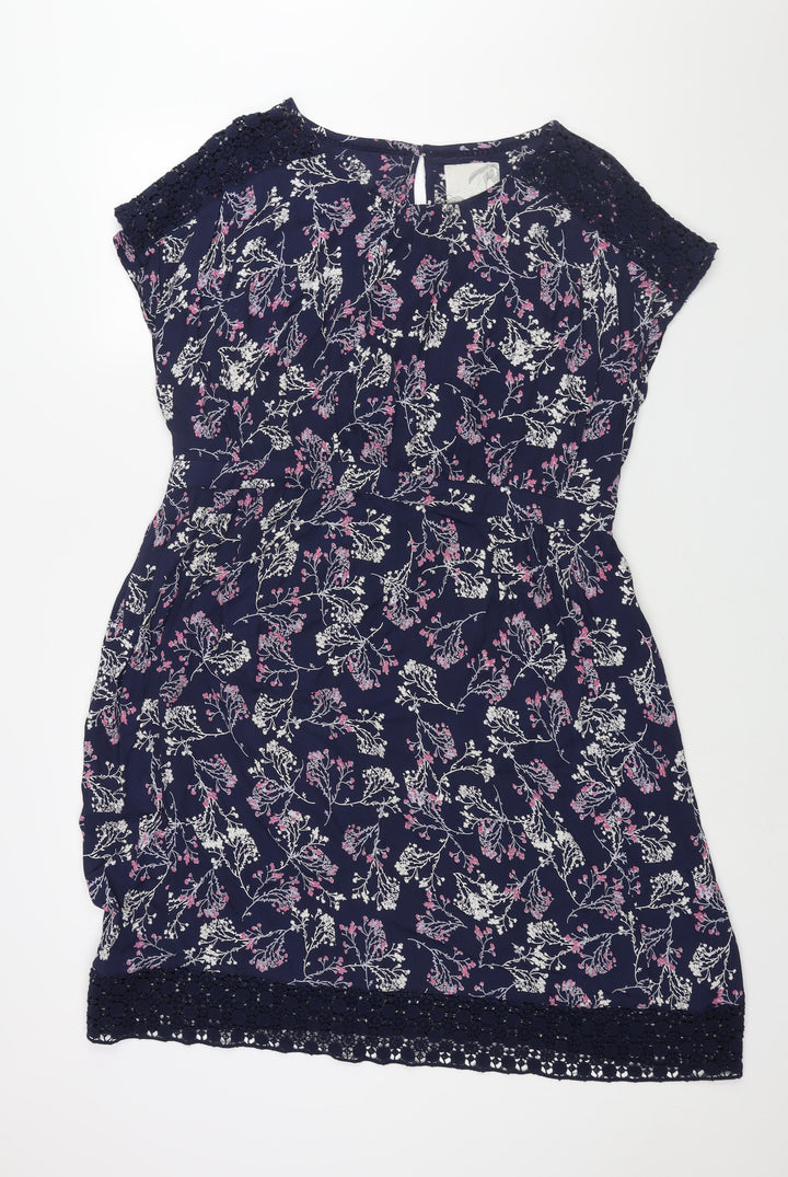 RJR.John Rocha Womens Blue Floral Viscose Shift Size 16 Round Neck Button - Lace Detail Belted