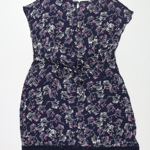RJR.John Rocha Womens Blue Floral Viscose Shift Size 16 Round Neck Button - Lace Detail Belted