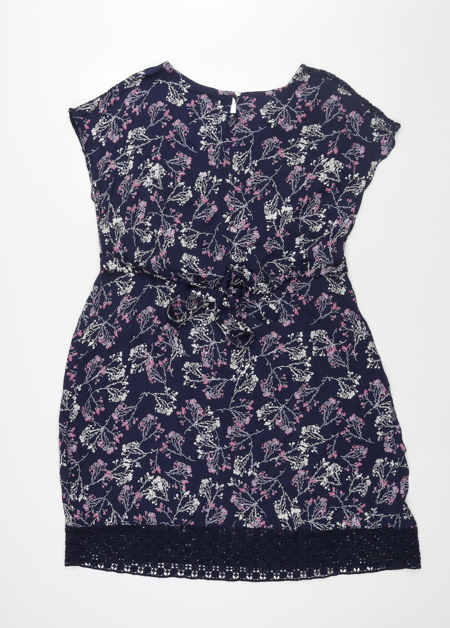 RJR.John Rocha Womens Blue Floral Viscose Shift Size 16 Round Neck Button - Lace Detail Belted