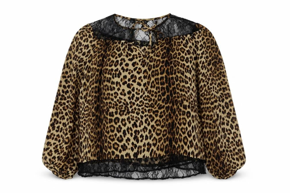 Zara Womens Brown Animal Print Polyester Basic Blouse Size L Round Neck - Leopard Print Lace Detail