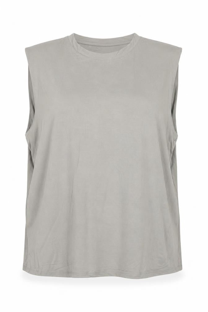 Front view of Madeline women’s grey viscose basic tank, size UK 18, round neck - shoulder pads