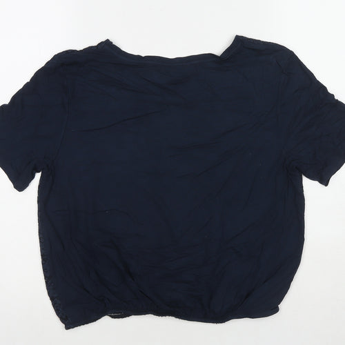 Cotton Traders Womens Blue Viscose Basic T-Shirt Size 10 Round Neck - Lace Detail