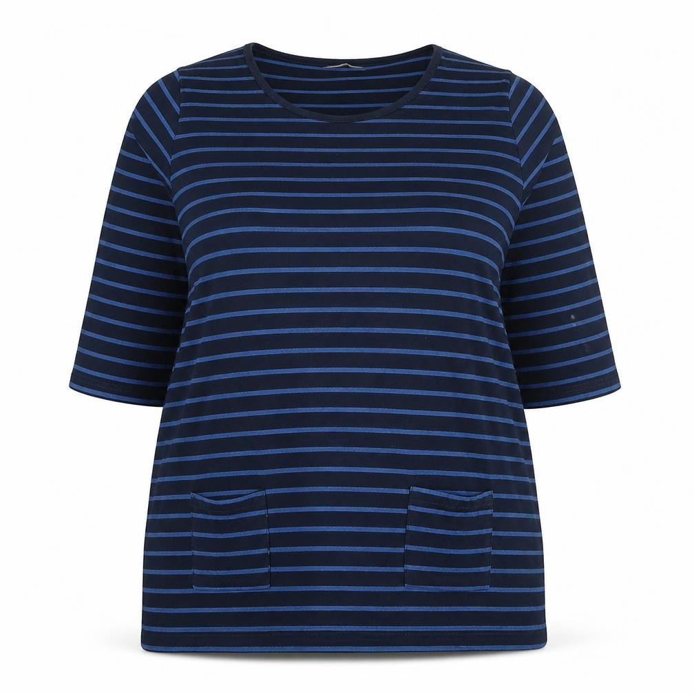 Pebble Bay Womens Blue Striped Polyester Tunic T-Shirt Size 16 Round Neck