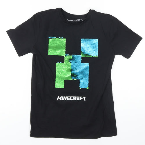 NEXT Boys Black Cotton Basic T-Shirt Size 10 Years Round Neck Pullover - MINECRAFT Sequin Detail