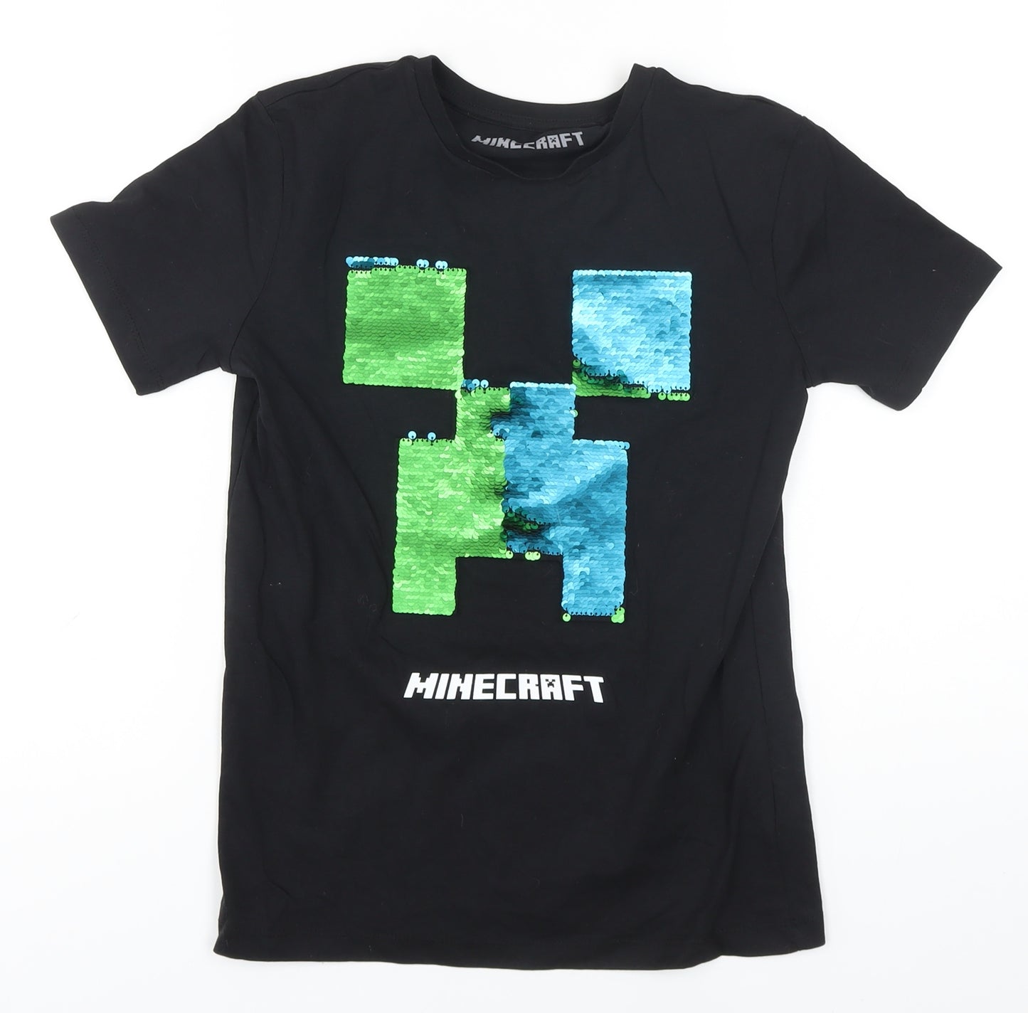 NEXT Boys Black Cotton Basic T-Shirt Size 10 Years Round Neck Pullover - MINECRAFT Sequin Detail