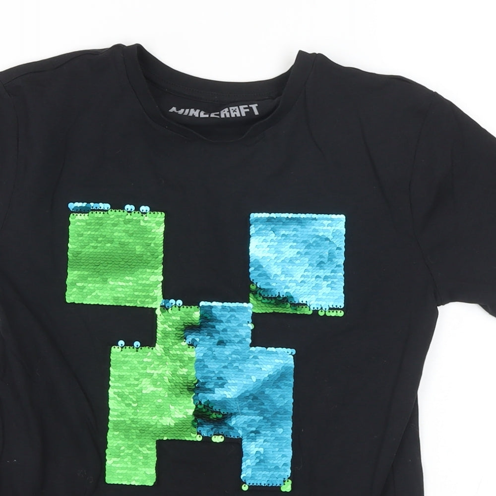 NEXT Boys Black Cotton Basic T-Shirt Size 10 Years Round Neck Pullover - MINECRAFT Sequin Detail