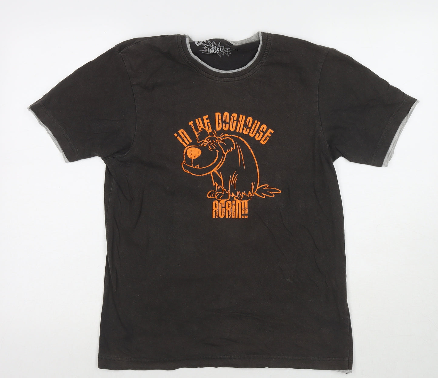 Red Herring Mens Brown Cotton T-Shirt Size S Round Neck - Muttley In The Doghouse Again