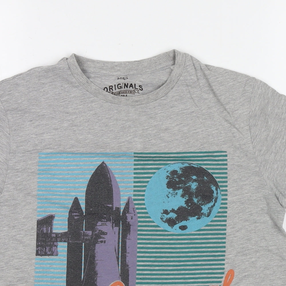 Marks and Spencer Boys Grey Cotton Basic T-Shirt Size 12-13 Years Round Neck Pullover - Space Icons Rocket