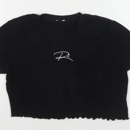 River Island Girls Black Cotton Cropped T-Shirt Size 11-12 Years Round Neck Pullover