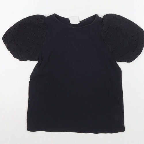 H&M Girls Black Polyester Blend Basic T-Shirt Size 6 Years Round Neck Pullover