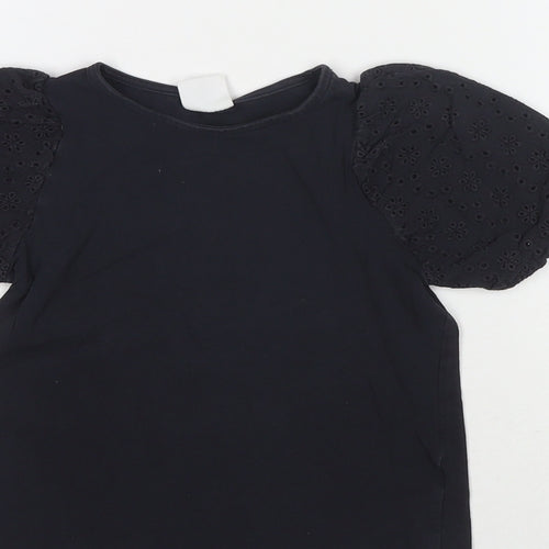 H&M Girls Black Polyester Blend Basic T-Shirt Size 6 Years Round Neck Pullover