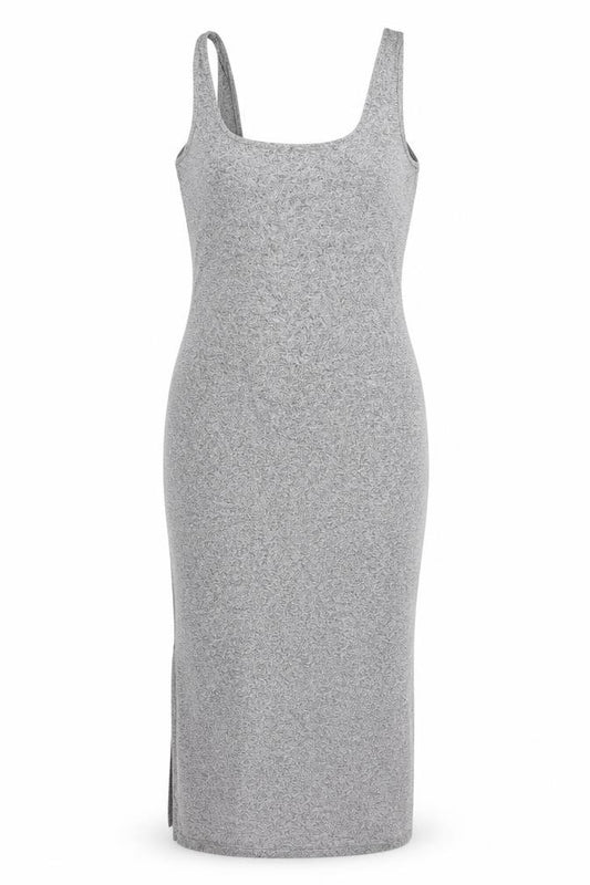 Front view of ASOS women’s grey viscose tank dress, size UK 10, scoop neck pullover - side slit(s)