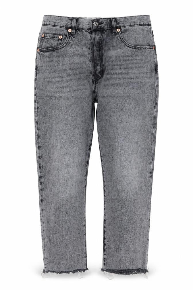 Front view of Mango women’s grey cotton blend cropped jeans, size UK 14, 25-inch leg regular zip