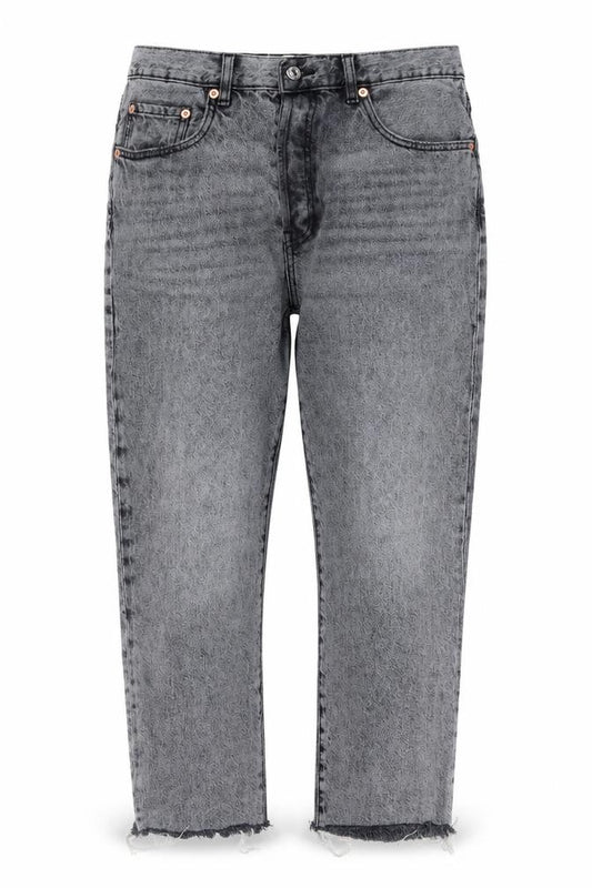 Front view of Mango women’s grey cotton blend cropped jeans, size UK 14, 25-inch leg regular zip