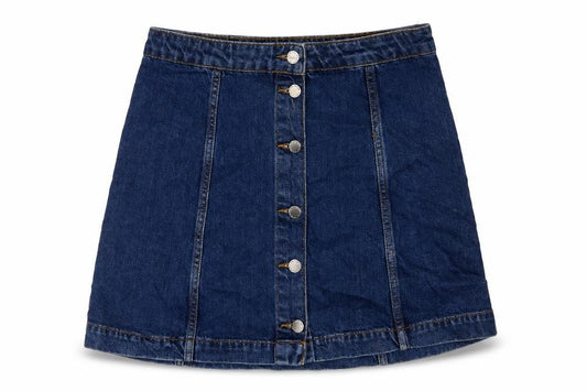 Front view of Topshop women’s blue cotton a-line skirt, size UK 30, button