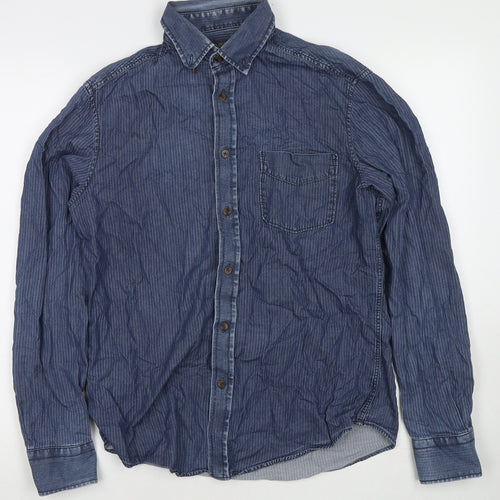 Marks and Spencer Mens Blue Striped Cotton Button-Up Size S Collared Button