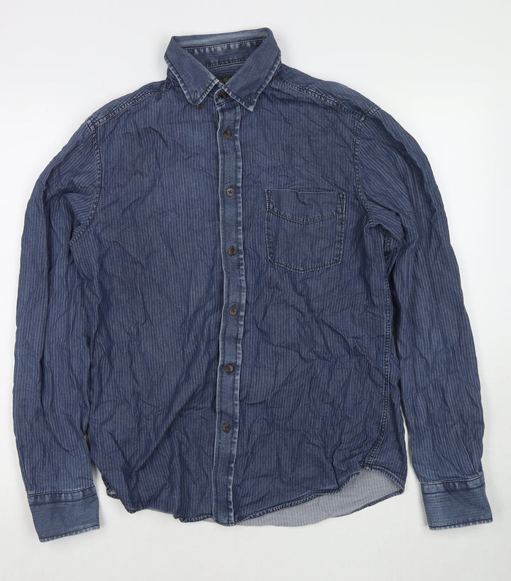 Marks and Spencer Mens Blue Striped Cotton Button-Up Size S Collared Button