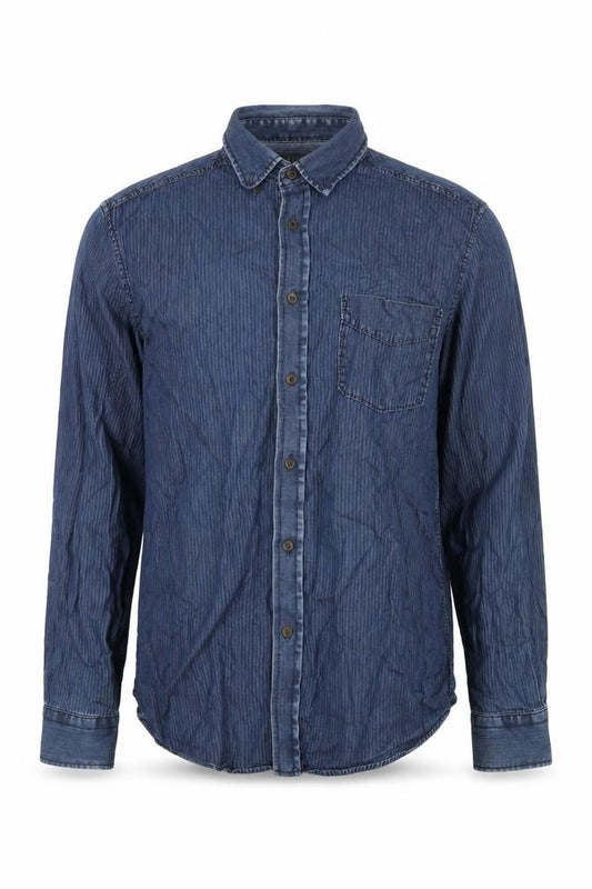 Front view of Marks & Spencer men’s blue striped cotton button-up, size S, collared button