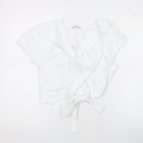 Zara Womens White Cotton Cropped T-Shirt Size M Round Neck