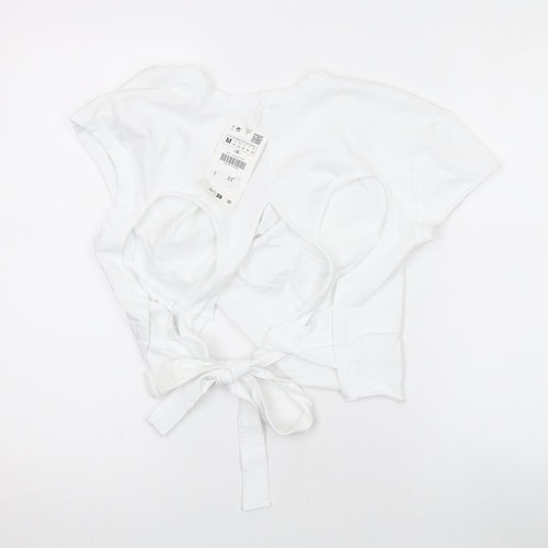 Zara Womens White Cotton Cropped T-Shirt Size M Round Neck