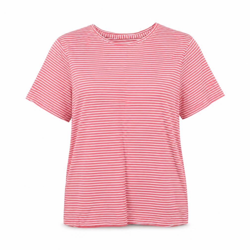 Front view of John Lewis women’s red striped cotton basic t-shirt, size UK 18, round neck