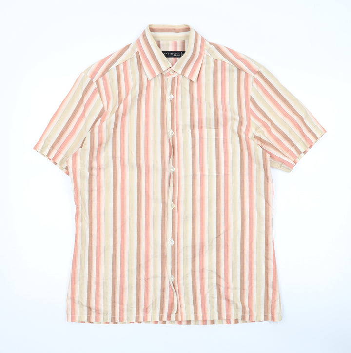 Kenneth Cole Mens Multicoloured Striped Cotton Button-Up Size L Collared Button
