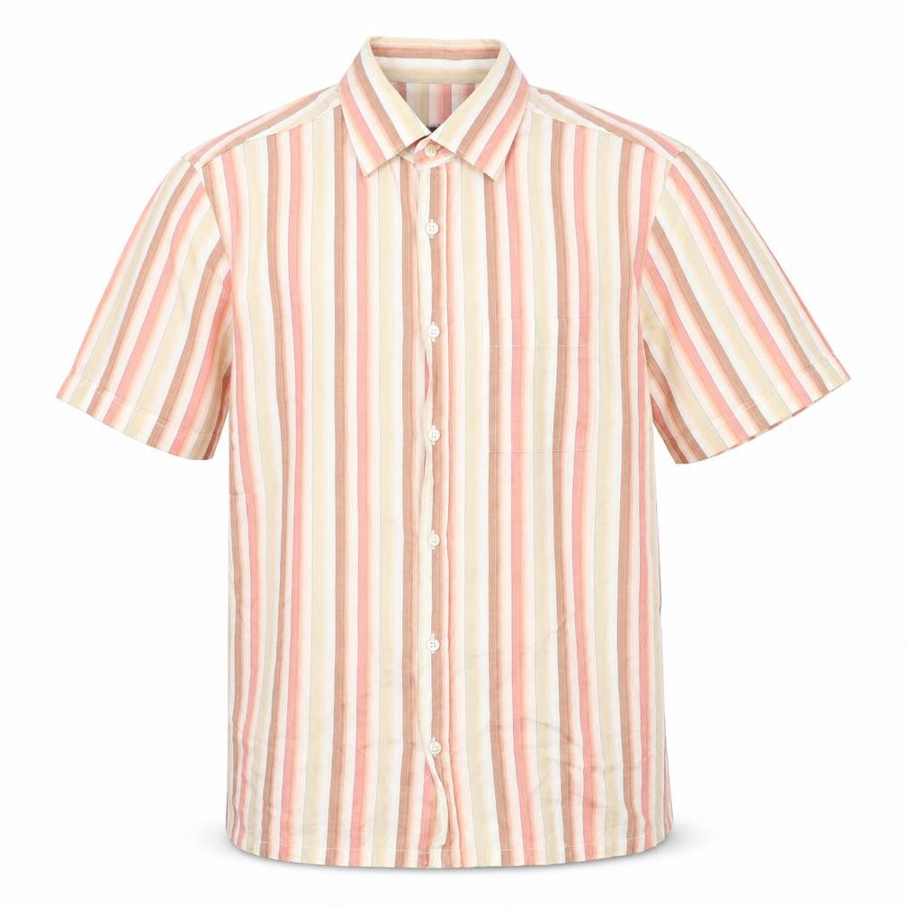 Front view of Kenneth Cole men’s multicoloured striped cotton button-up, size L, collared button