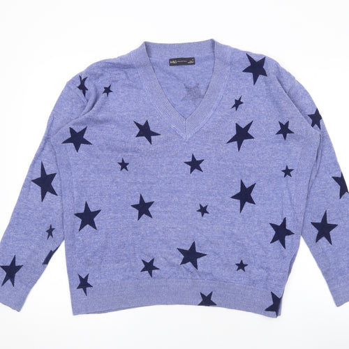 Marks and Spencer Womens Blue V-Neck Geometric Cotton Pullover Jumper Size M - Star Print