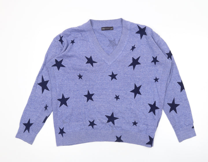 Marks and Spencer Womens Blue V-Neck Geometric Cotton Pullover Jumper Size M - Star Print