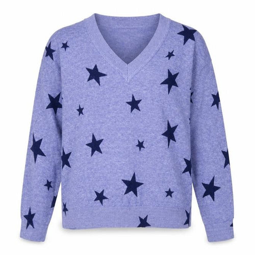 Marks and Spencer Womens Blue V-Neck Geometric Cotton Pullover Jumper Size M - Star Print