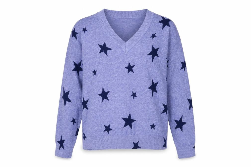 Marks and Spencer Womens Blue V-Neck Geometric Cotton Pullover Jumper Size M - Star Print