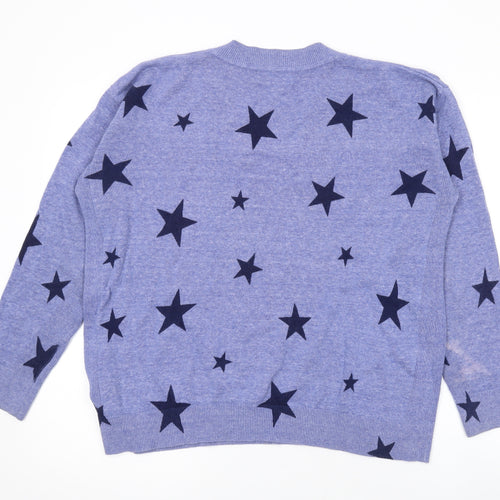 Marks and Spencer Womens Blue V-Neck Geometric Cotton Pullover Jumper Size M - Star Print