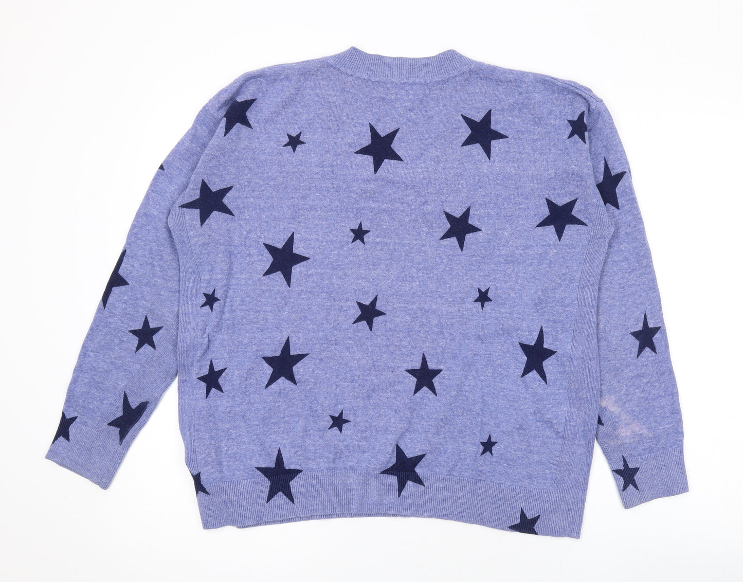 Marks and Spencer Womens Blue V-Neck Geometric Cotton Pullover Jumper Size M - Star Print