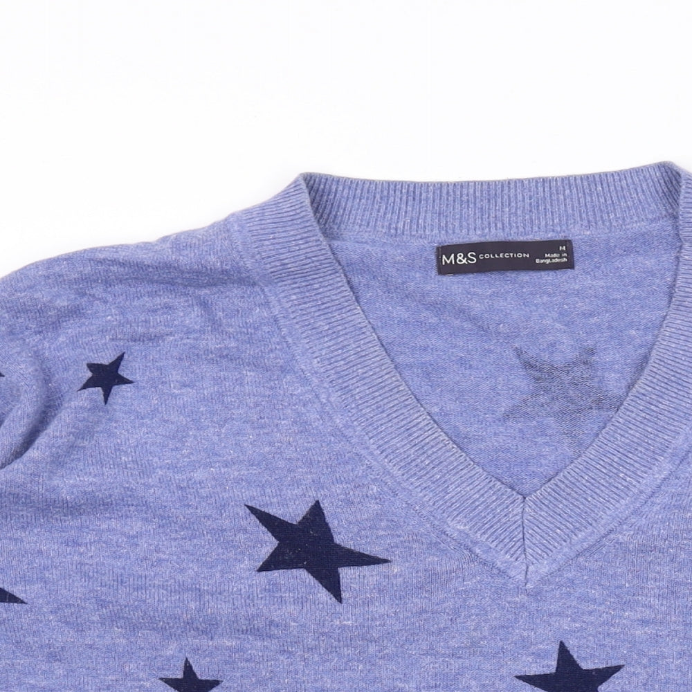 Marks and Spencer Womens Blue V-Neck Geometric Cotton Pullover Jumper Size M - Star Print