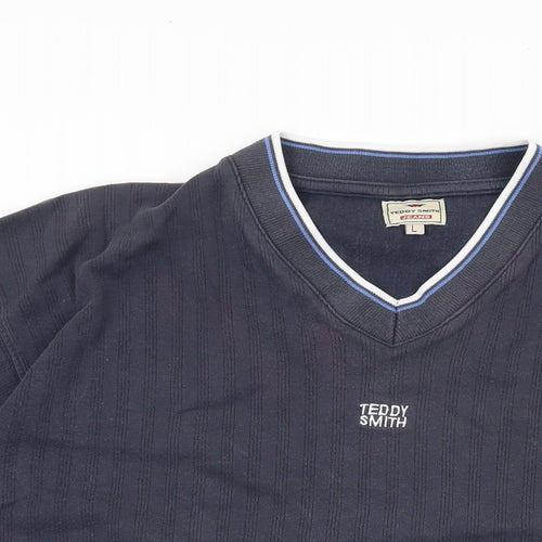 Teddy Smith Mens Grey Cotton T-Shirt Size L V-Neck