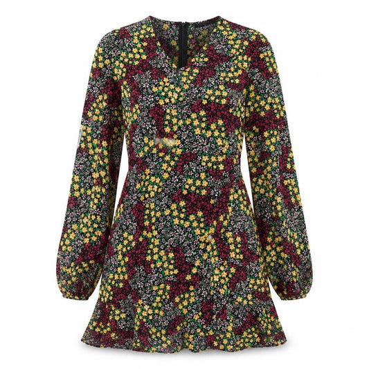 Front view of Quiz women’s multicoloured floral polyester a-line, size UK 12, v-neck zip