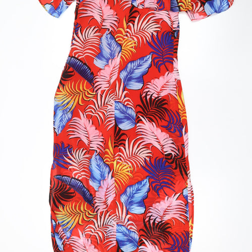 New Look Womens Red Geometric Polyester A-Line Size 6 Off the Shoulder Zip