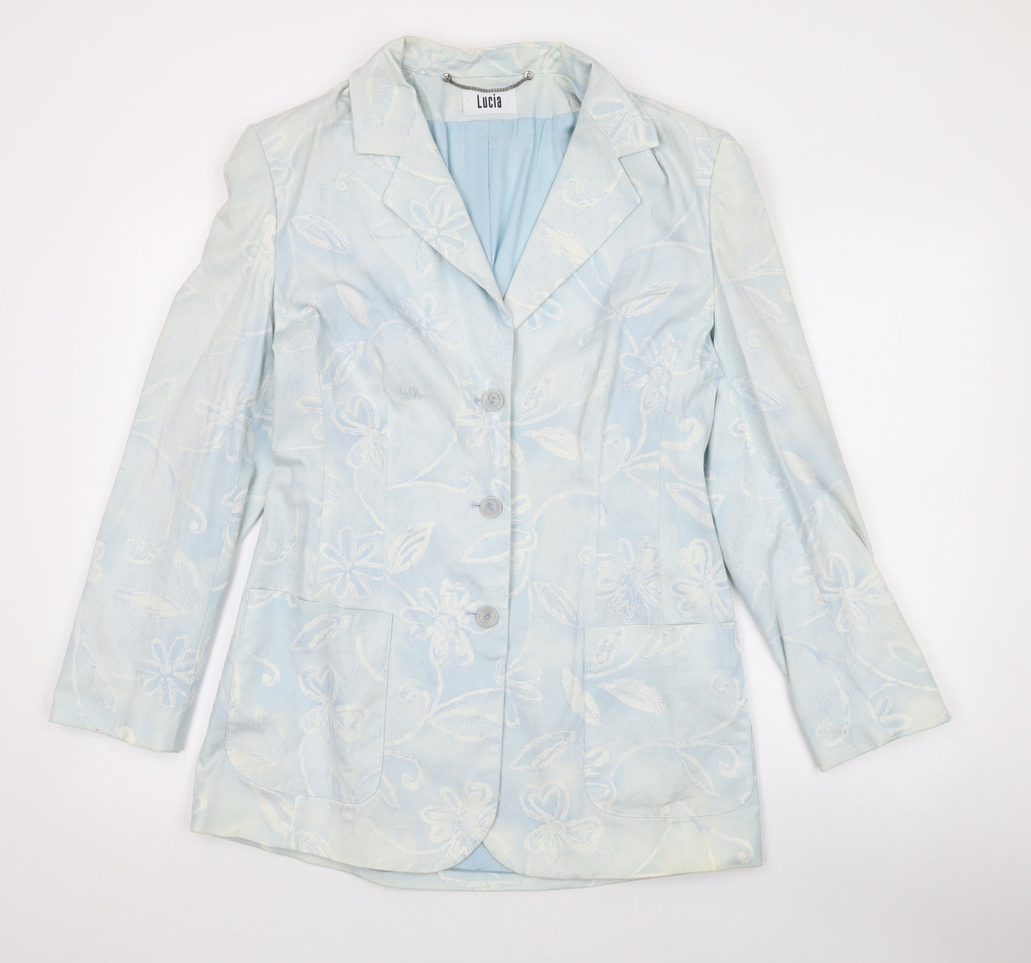 LUCIA Womens Blue Floral Jacket Blazer Size 10 Button