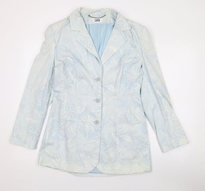 LUCIA Womens Blue Floral Jacket Blazer Size 10 Button